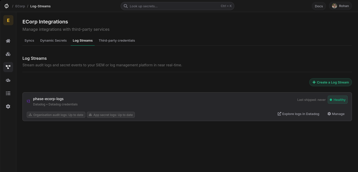 A healthy Log Stream shipping to Datadog