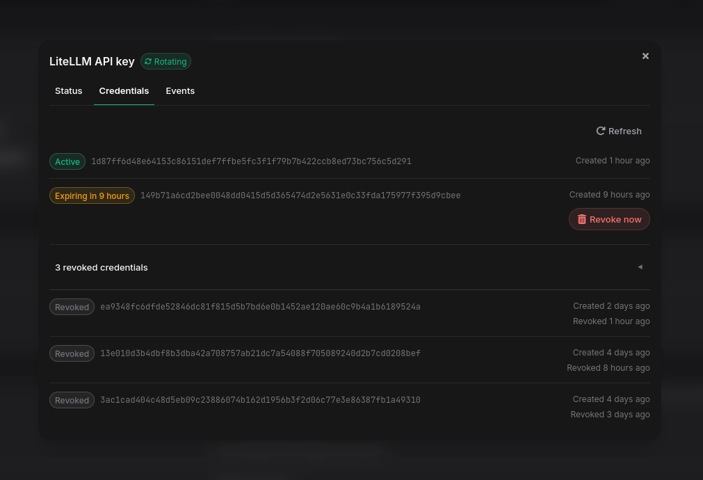 The credentials view shows the active key, the previous one in its expiring window, and the history of revoked credentials